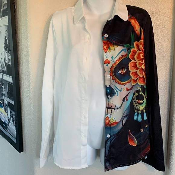 SUGAR SKULL Day of the Dead white buttondown blouse, iconic CATARINA face. M EUC - Picture 6 of 15